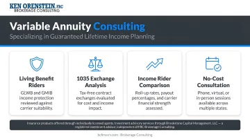 Financial advisor consulting with client reviewing variable annuity contract options