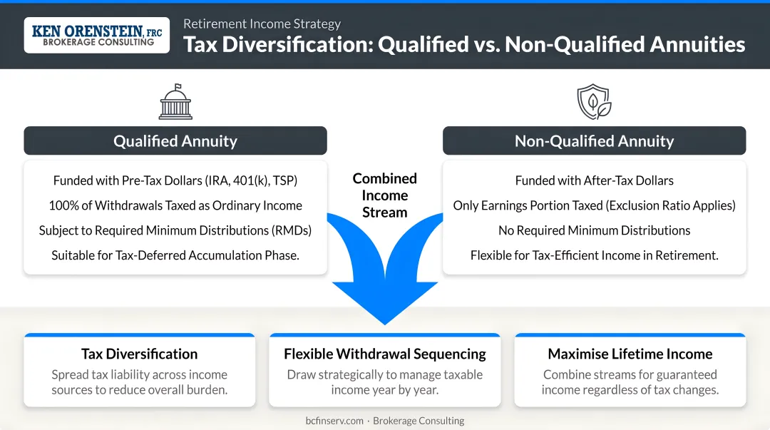 Tax diversification retirement income strategy using qualified and non-qualified annuities together