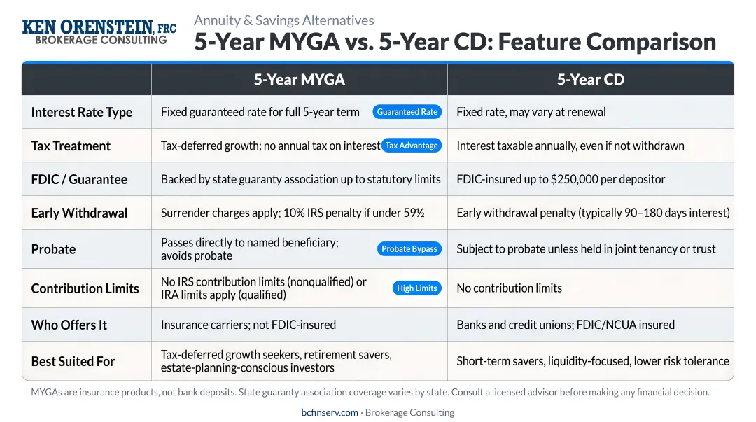 5-year MYGA versus 5-year CD side-by-side feature comparison infographic