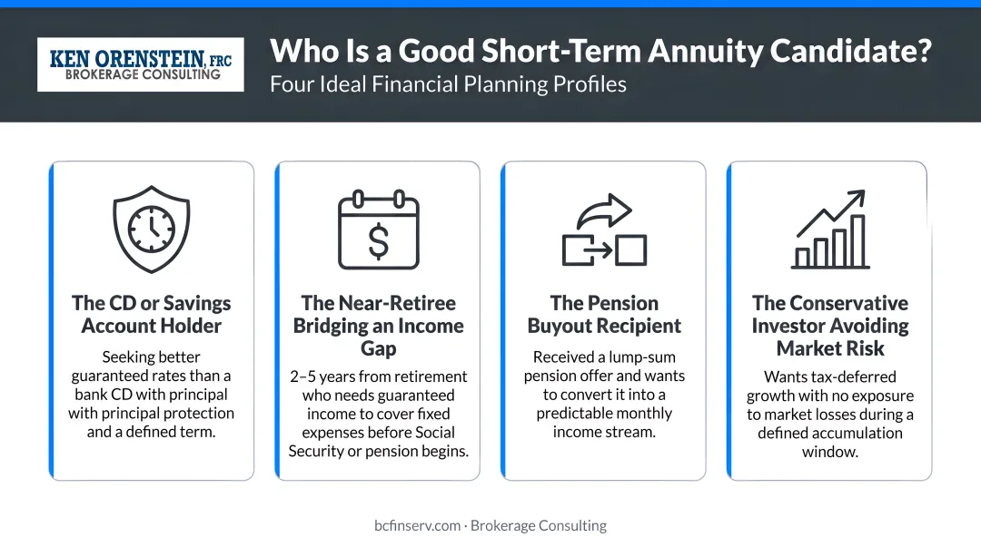 Four ideal short-term annuity candidate profiles with key financial planning scenarios