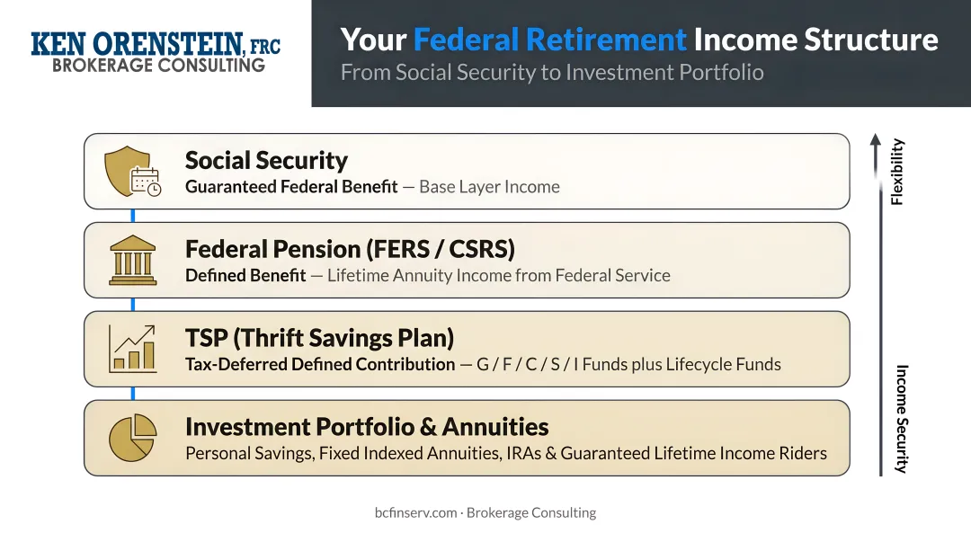 Four-layer federal retirement income structure from Social Security to investment portfolio