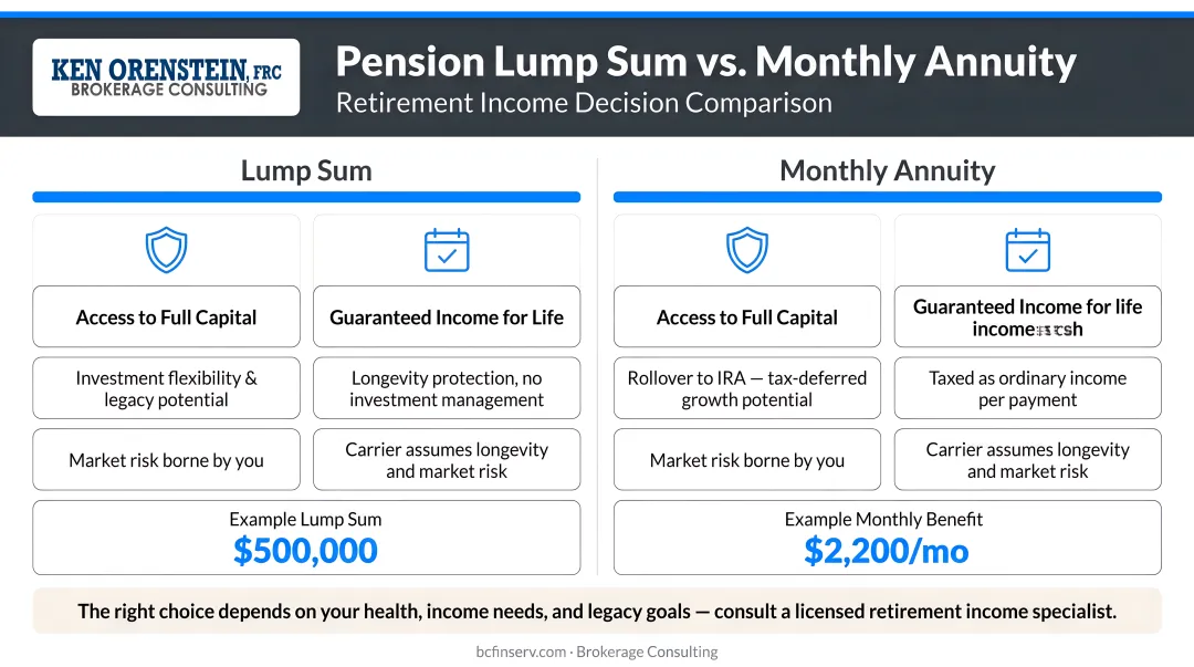 Pension lump sum versus monthly annuity retirement income comparison infographic