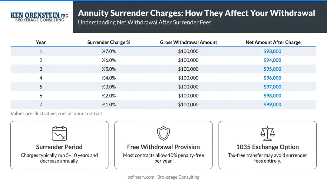 Professional reviewing annuity surrender charge calculations and net withdrawal figures on paper