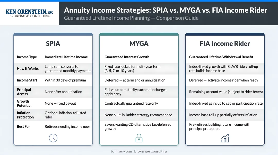 Three annuity type comparison SPIA MYGA and FIA income rider scenarios