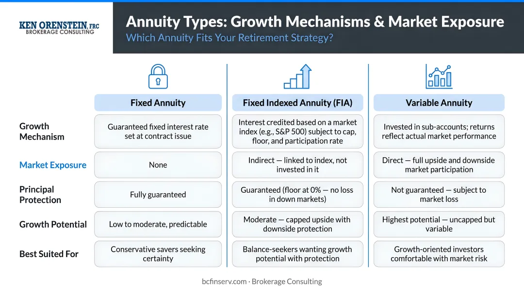 Three annuity types comparison chart showing growth mechanisms and market exposure