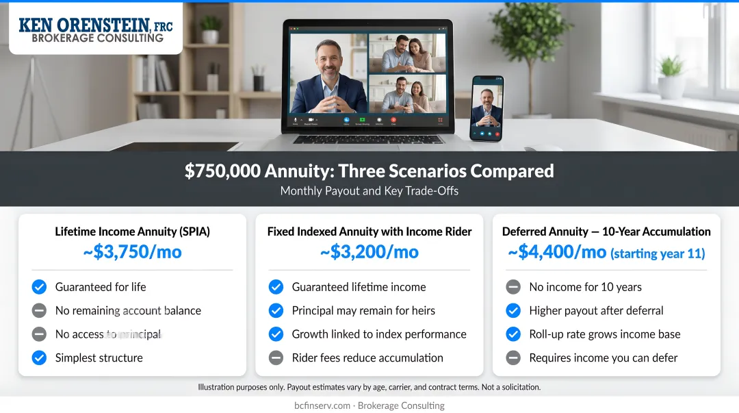 Three $750,000 annuity scenario comparison showing monthly payout and key trade-offs