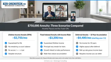 Three $750,000 annuity scenario comparison showing monthly payout and key trade-offs