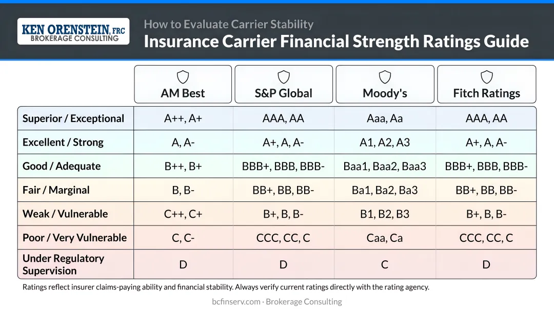 Four major insurance rating agency financial strength grades comparison reference chart