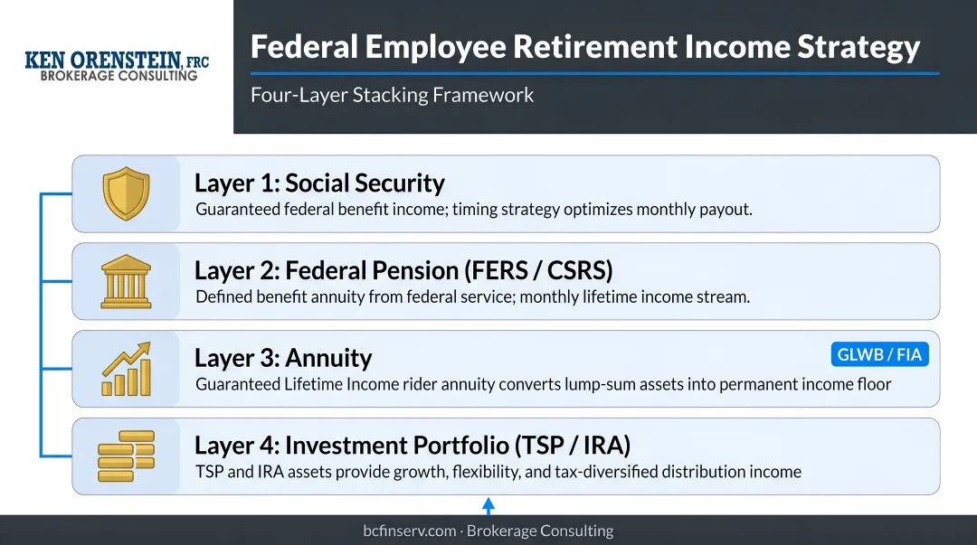 Four-layer federal employee retirement income strategy stacking Social Security pension annuity and portfolio