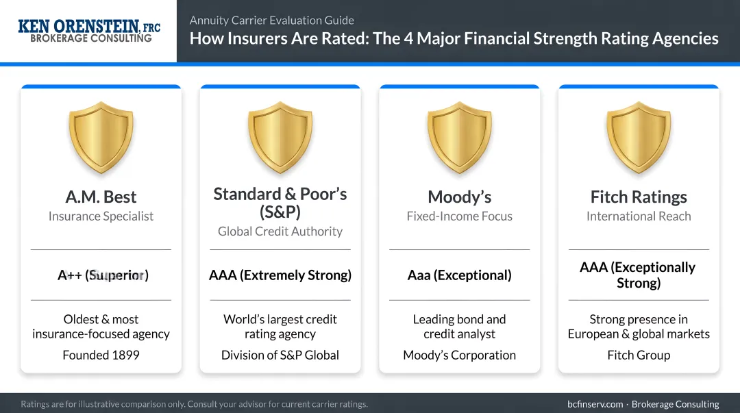 Four insurer financial rating agencies comparison for annuity strength evaluation