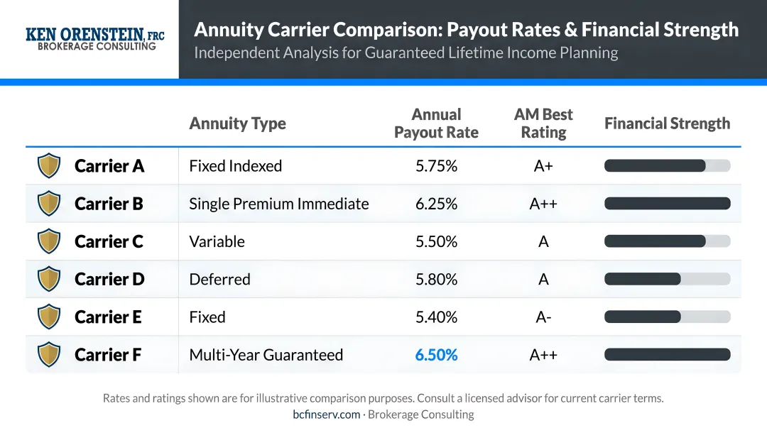 Independent annuity broker comparing carrier payout rates and financial strength ratings