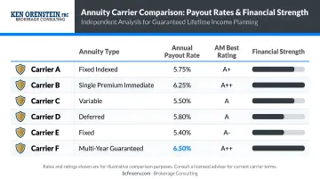 Independent annuity broker comparing carrier payout rates and financial strength ratings