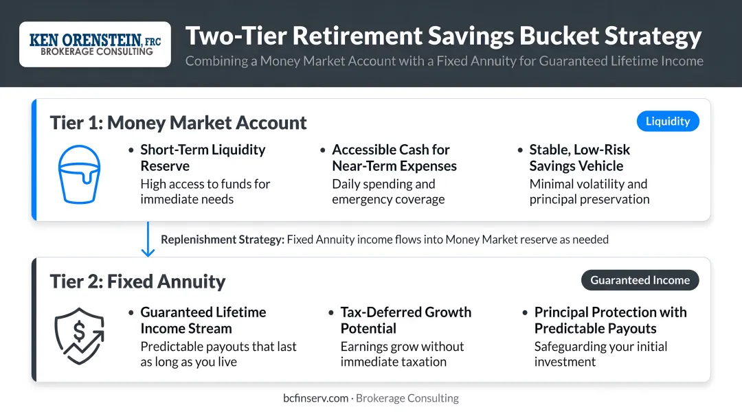 Two-tier retirement savings bucket strategy combining money market and fixed annuity