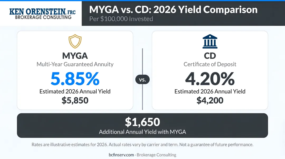 MYGA versus CD rate comparison showing 2026 yield difference per hundred thousand dollars