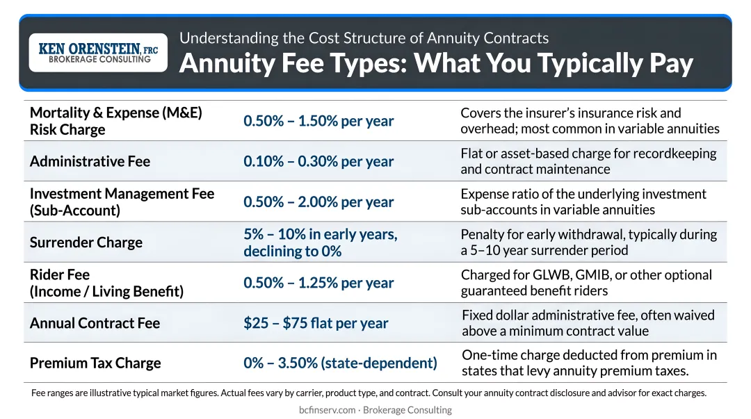Annuity fee types breakdown showing typical cost ranges for each charge