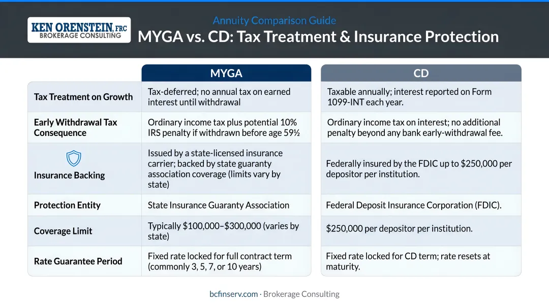 MYGA versus CD rate tax treatment and insurance protection side-by-side comparison
