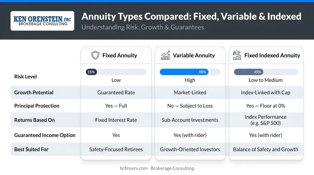 Three annuity types comparison chart fixed variable and indexed risk levels