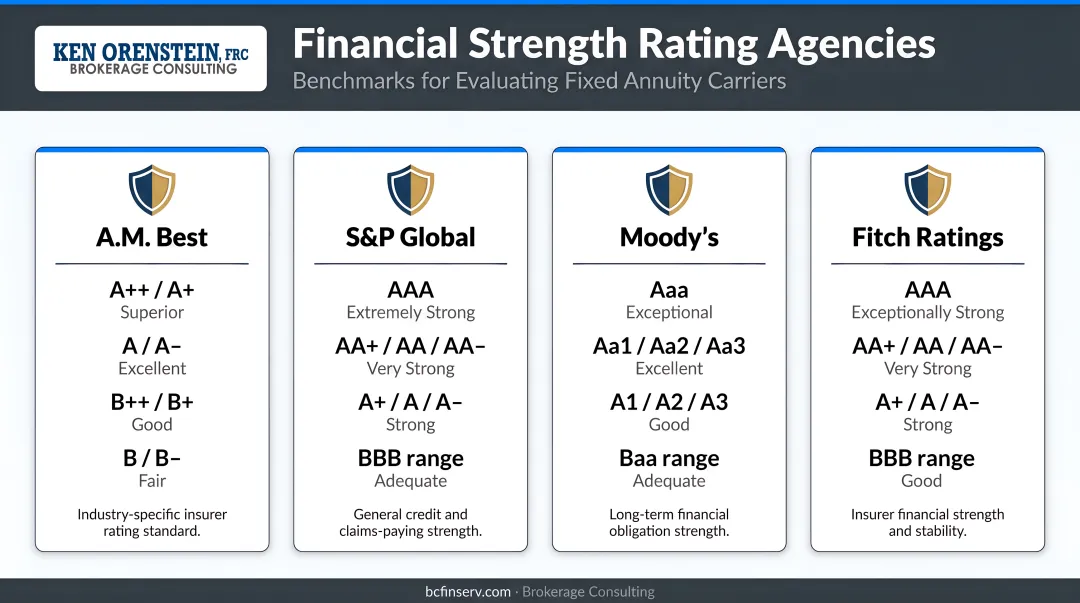 Four insurance financial strength rating agencies benchmarks for evaluating fixed annuity carriers