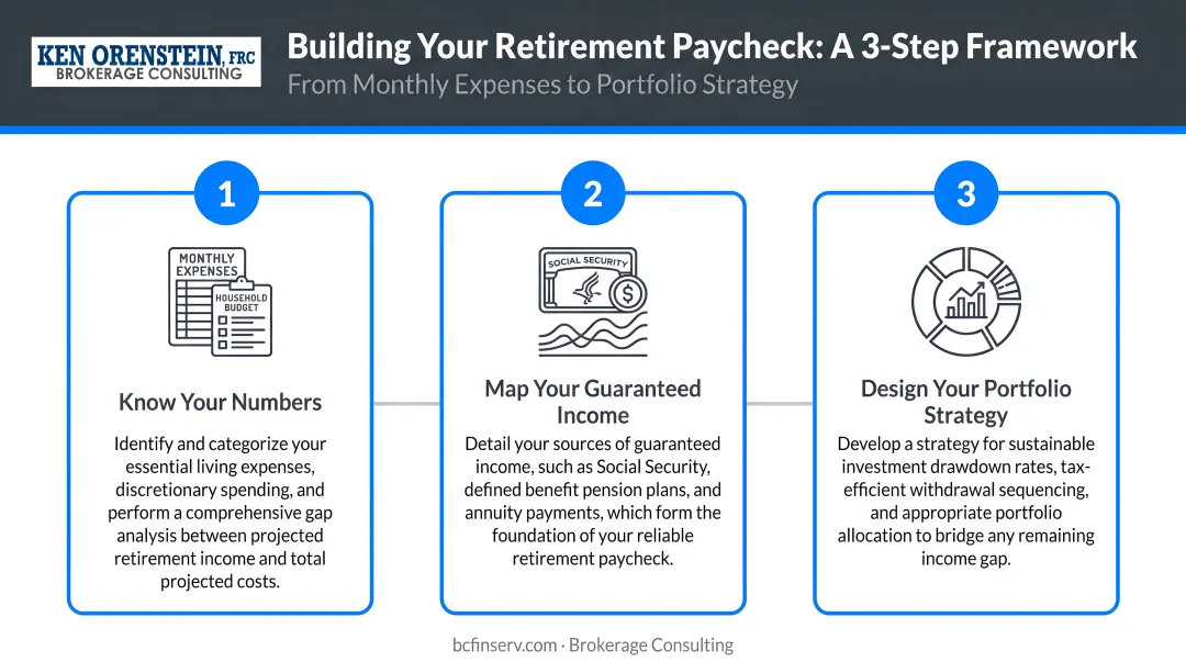Three-step retirement paycheck building framework from expenses to portfolio strategy
