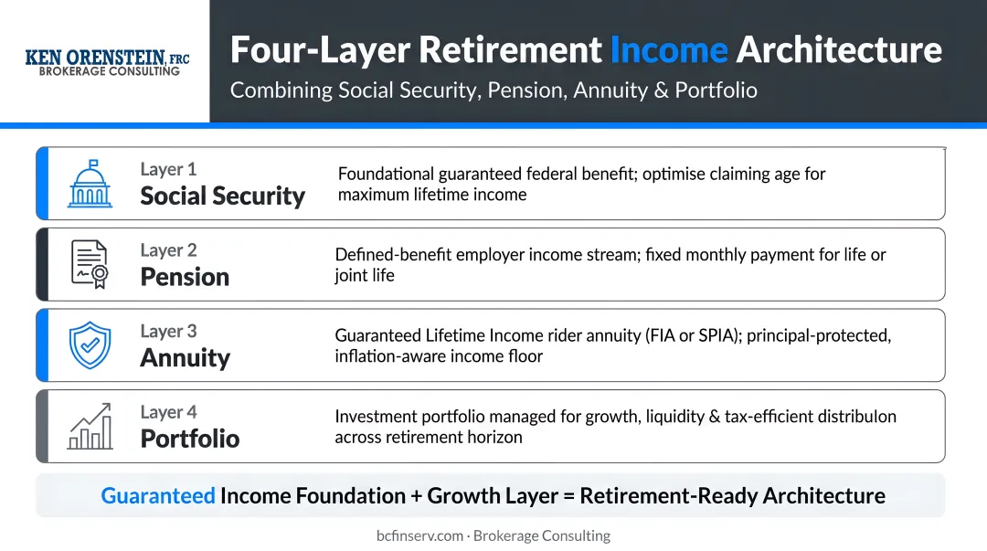 Four-layer retirement income architecture combining Social Security pension annuity and portfolio