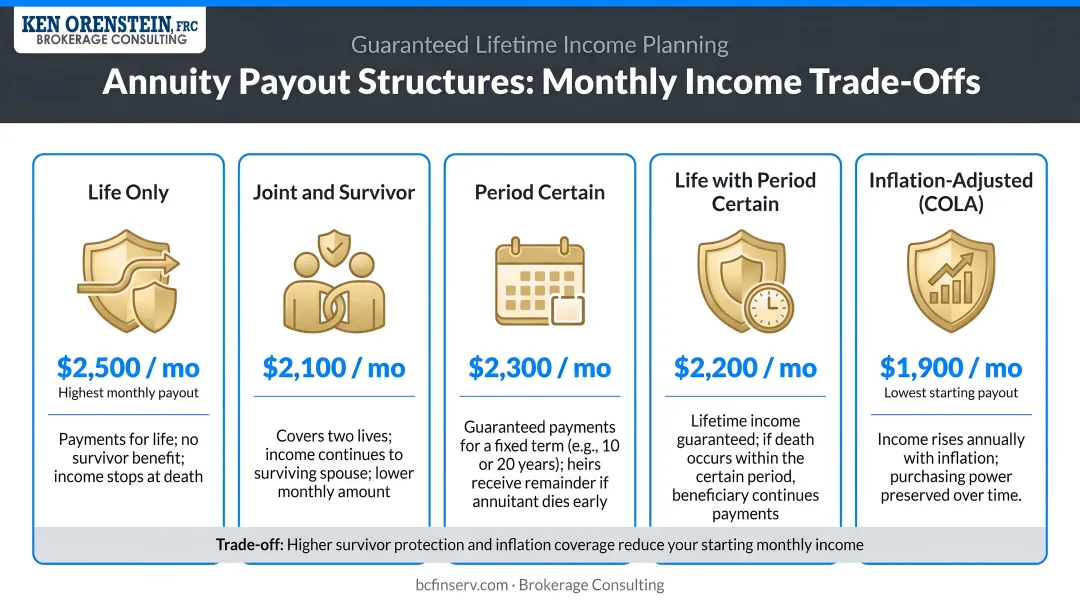 Five annuity payout structure types comparison with monthly income trade-offs