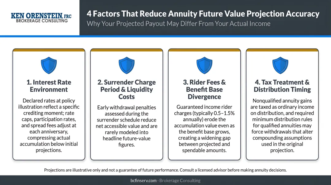 Four key factors reducing annuity future value projection accuracy warning infographic