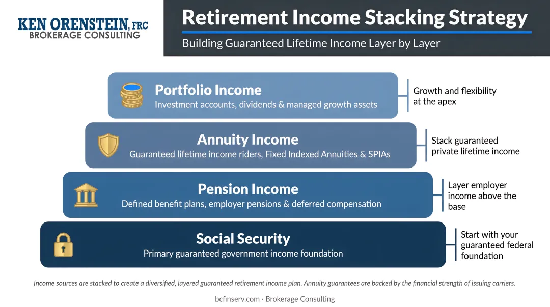 Four-layer retirement income stacking strategy annuity Social Security pension portfolio