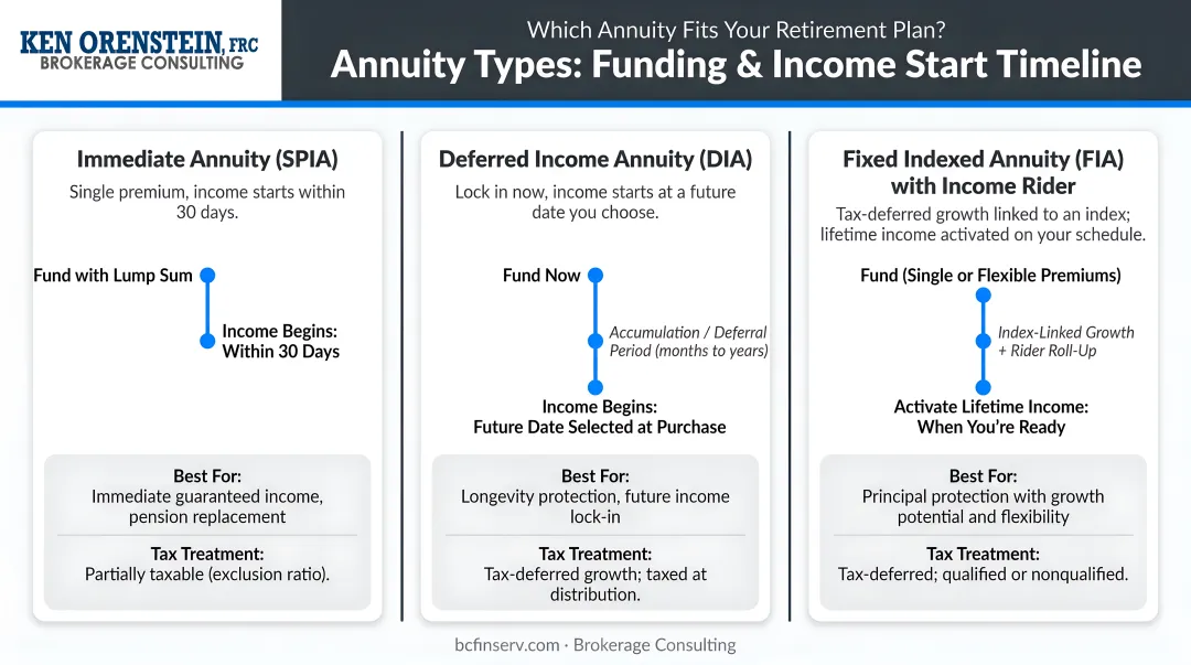 Three annuity product types comparison chart funding and income start timeline