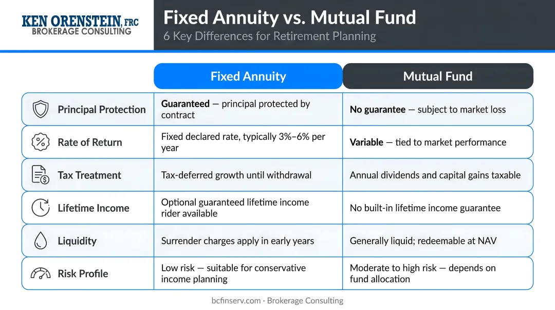 Fixed annuity versus mutual fund six-dimension side-by-side comparison infographic