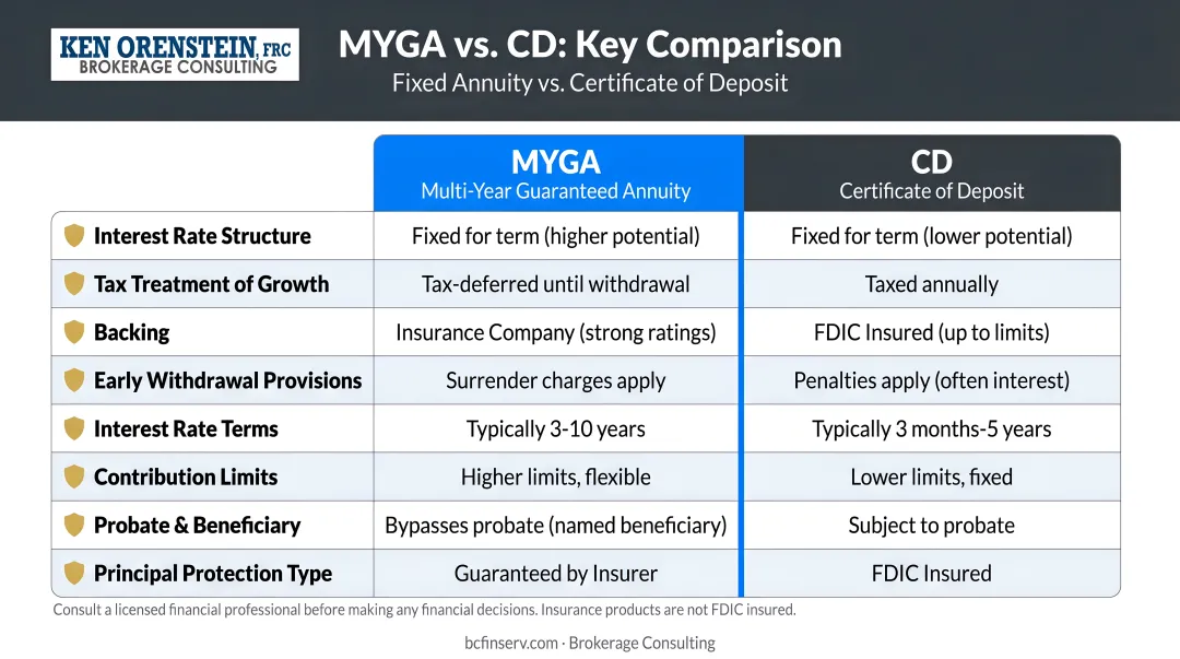 Fixed annuity MYGA versus CD side-by-side comparison of key financial factors