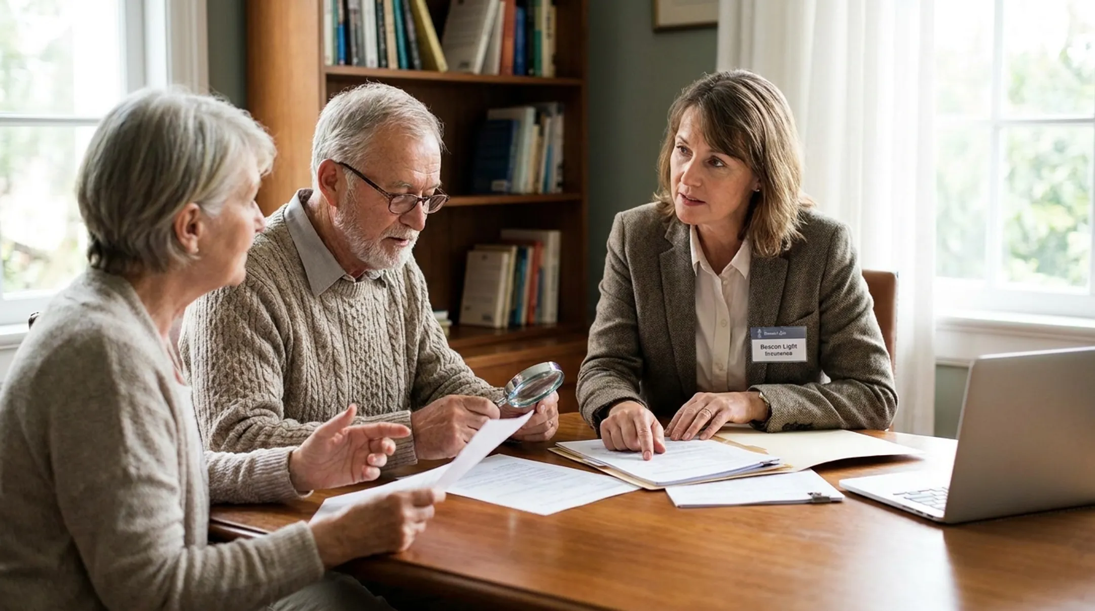 Insurance advisor reviewing senior life policy documents with client