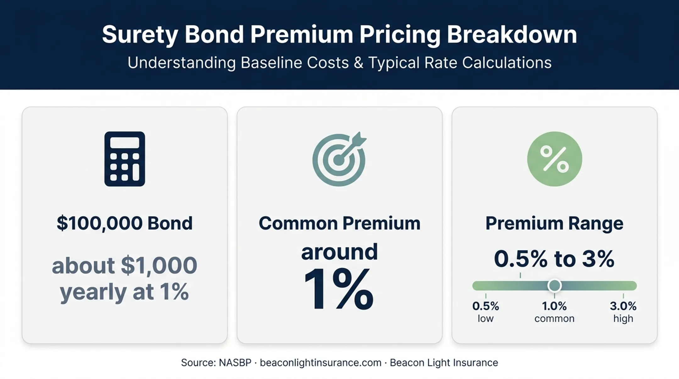 Contractor license bond premium range and one percent cost example