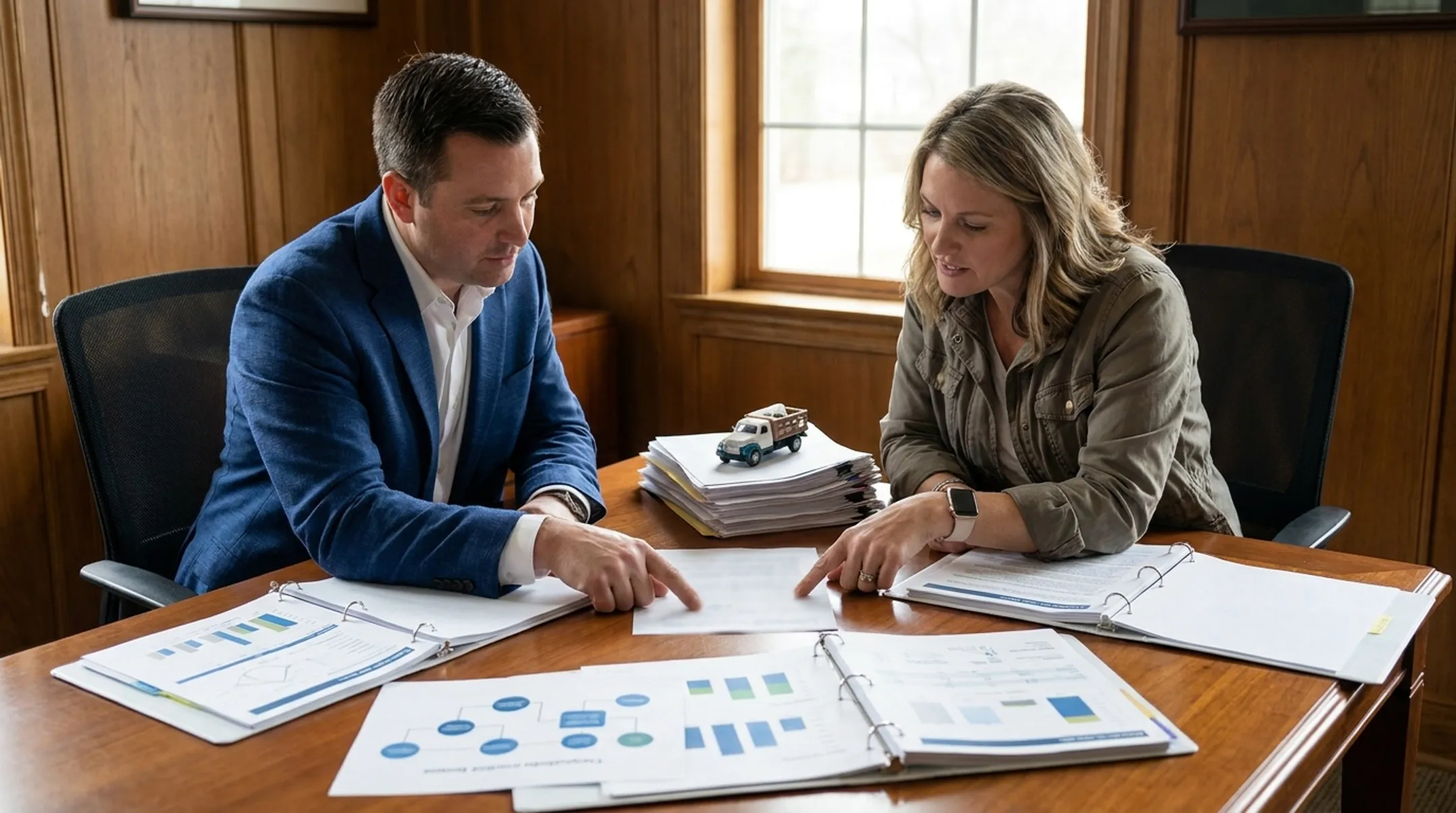 Beacon Light Insurance agent reviewing business auto coverage with client