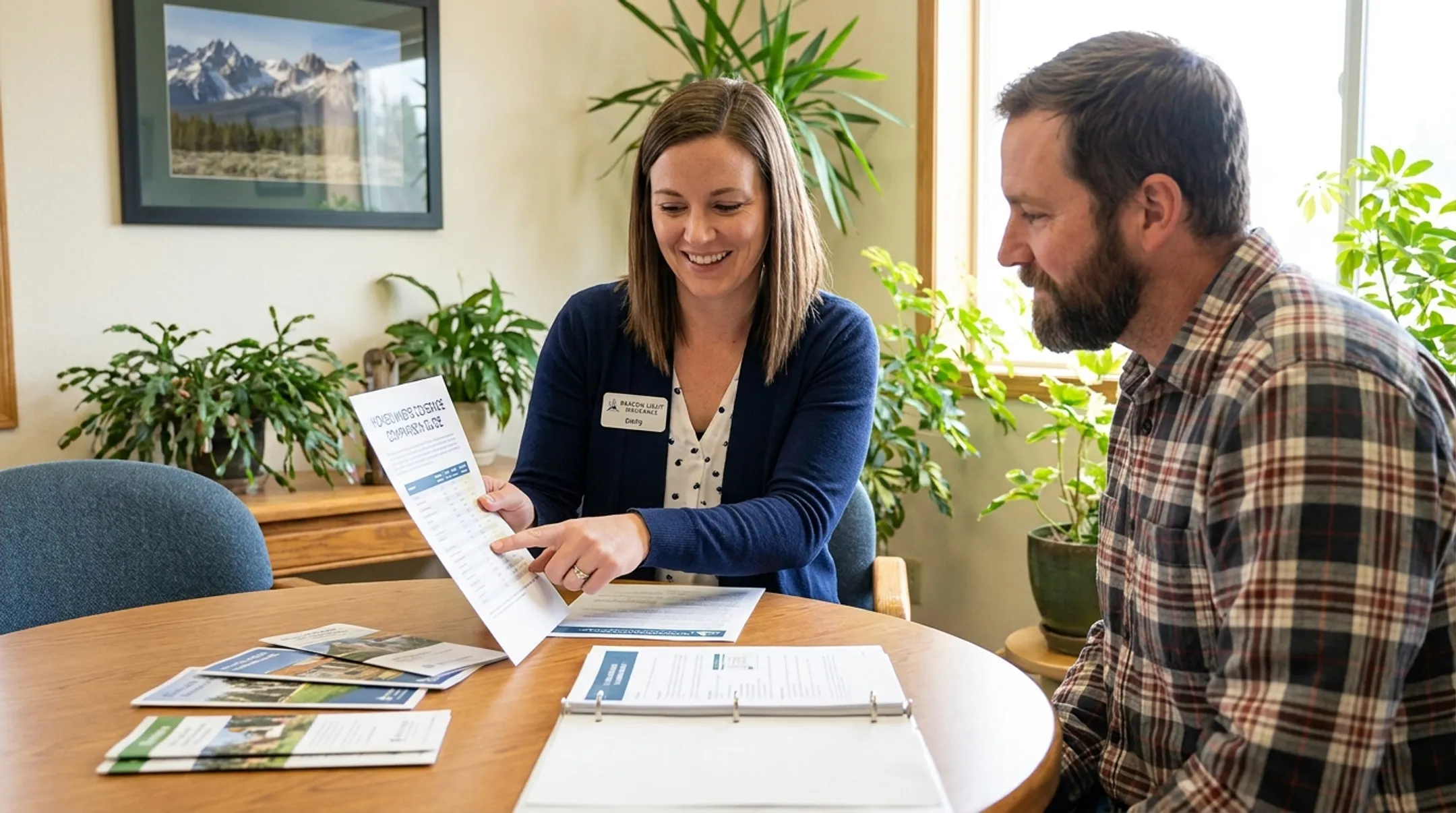 Beacon Light Insurance agent reviewing homeowners coverage with Idaho client
