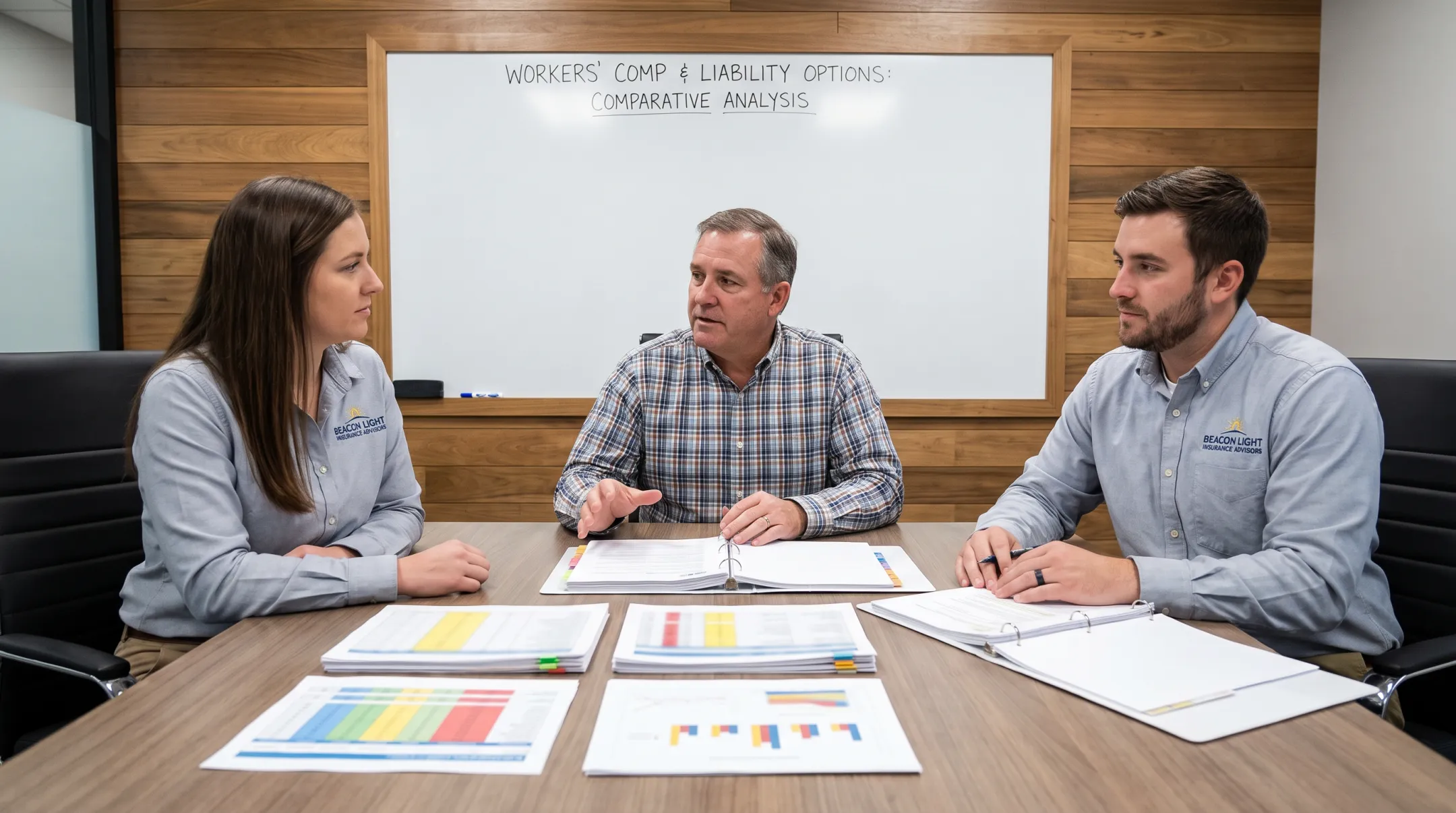 Independent insurance advisors reviewing business coverage options with owner