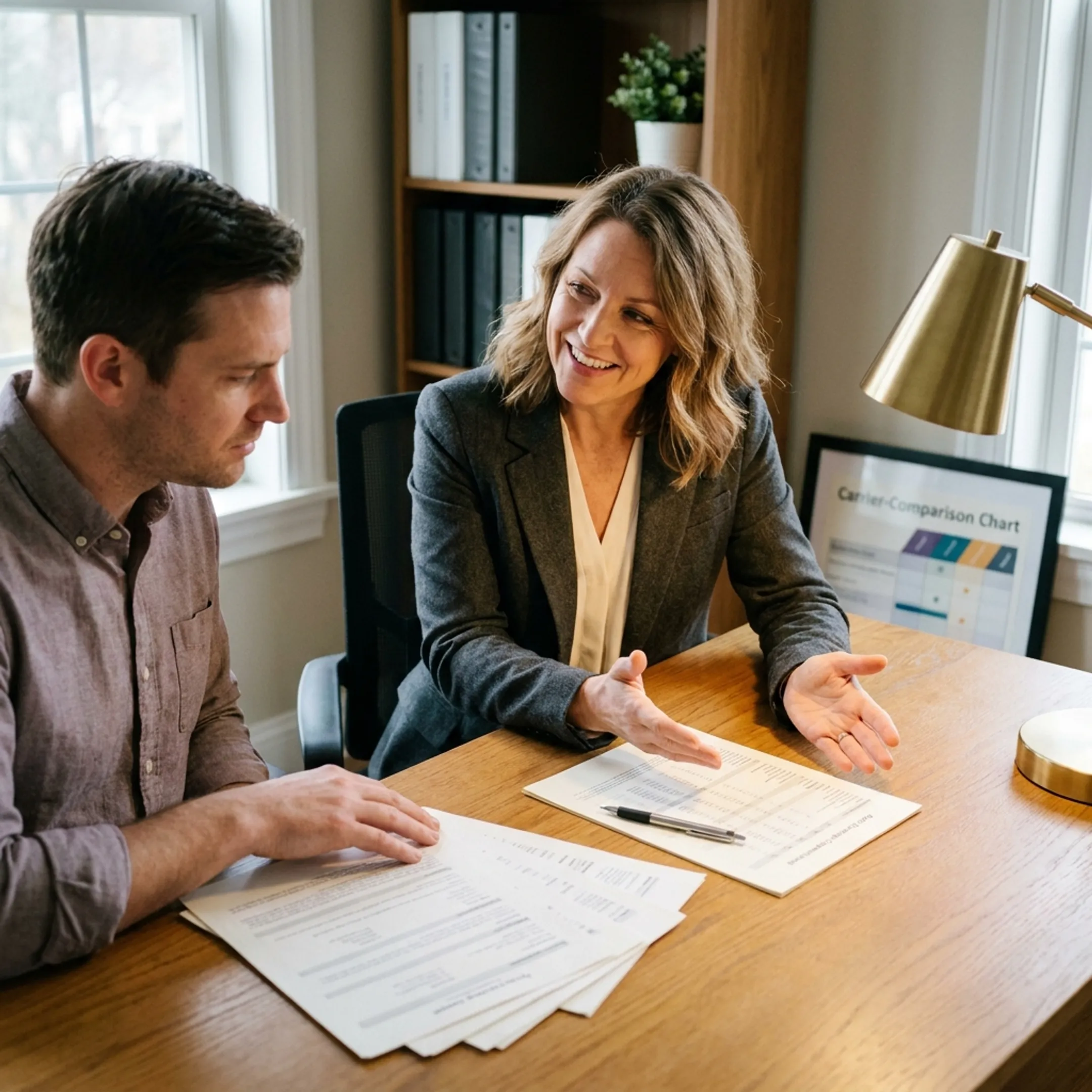 Insurance professional explaining auto coverage choices to a client