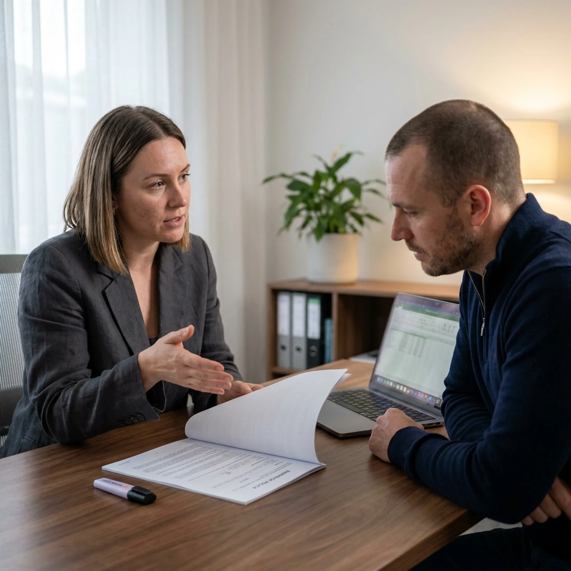Insurance advisor explaining professional liability coverage to a consultant