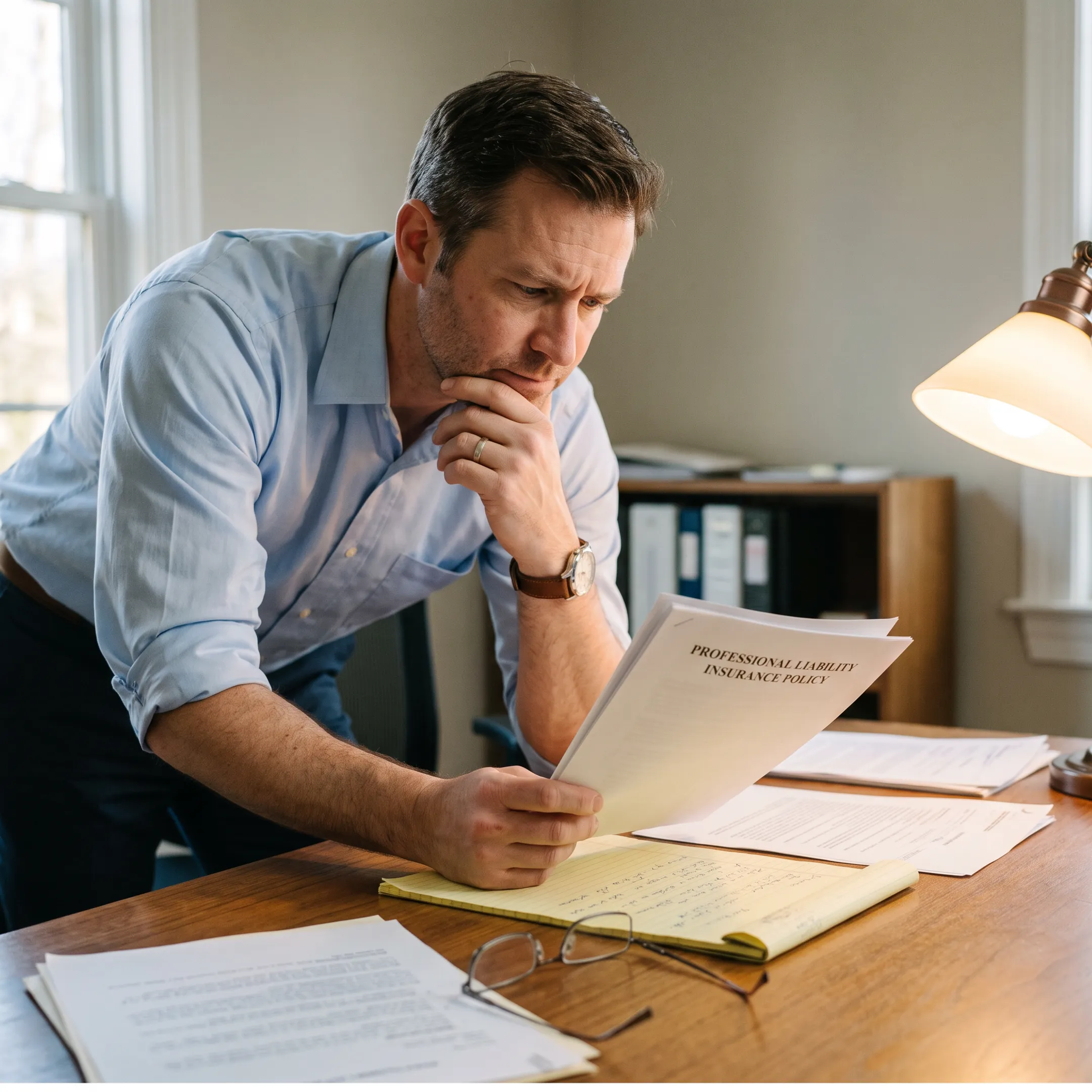 Consultant reviewing professional insurance documents with an insurance advisor