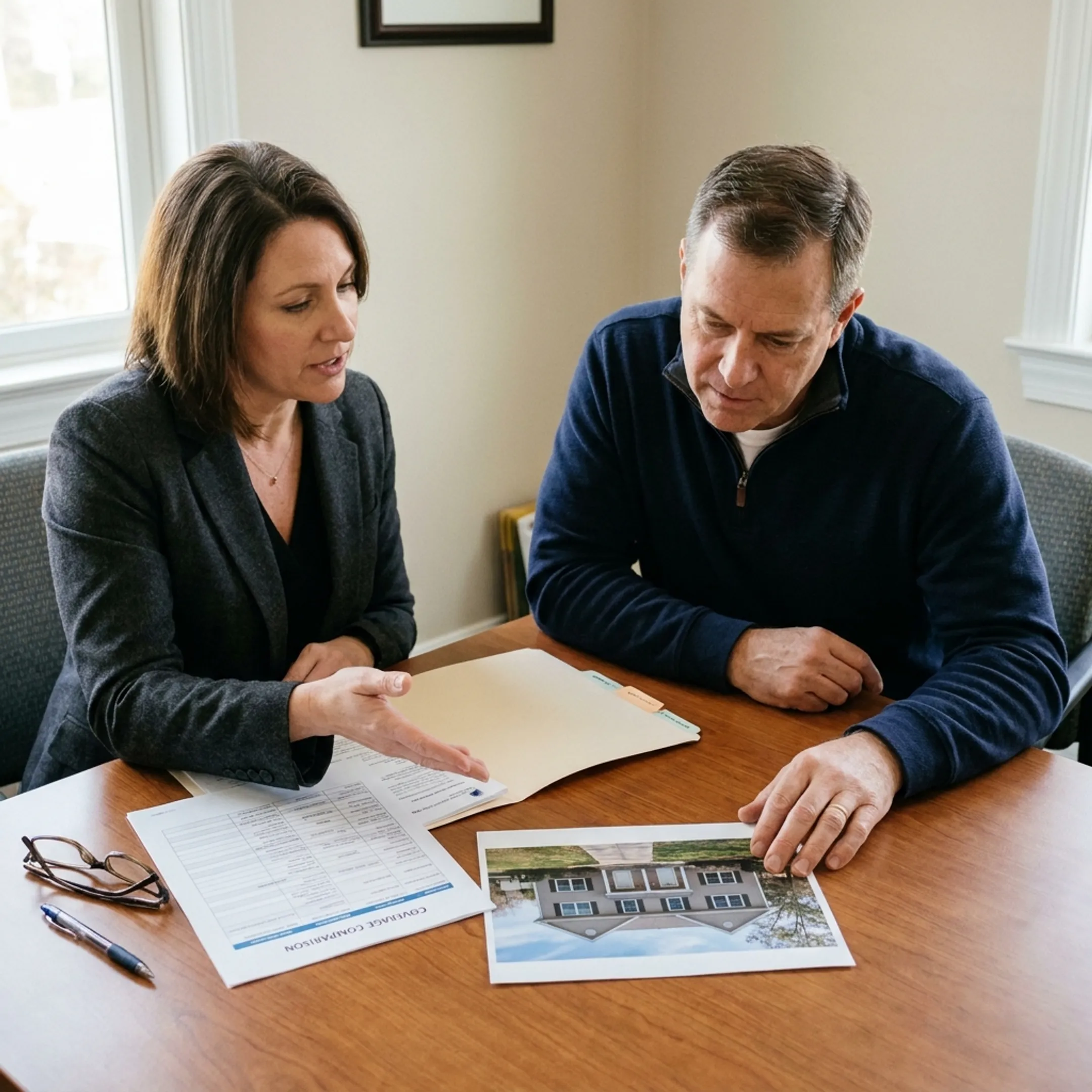 Insurance advisor explaining investment property coverage options to a real estate investor