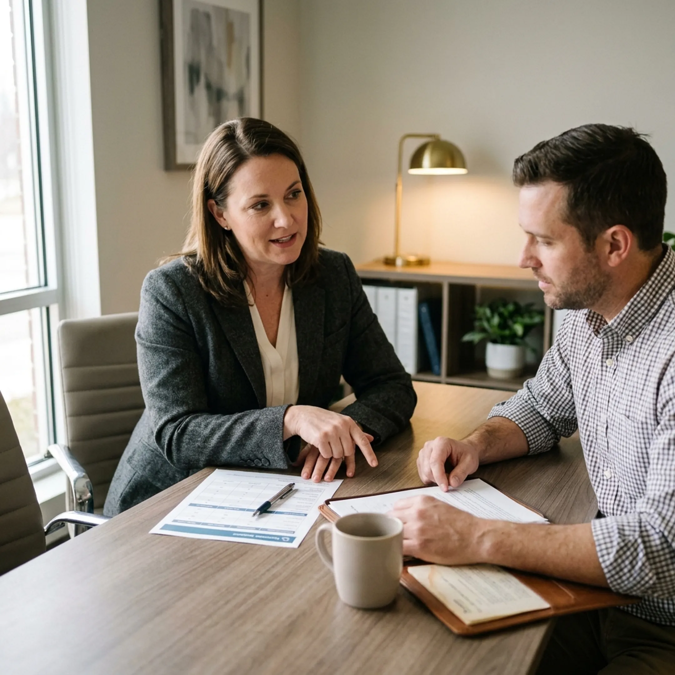 Advisor explaining professional liability insurance options to a business owner