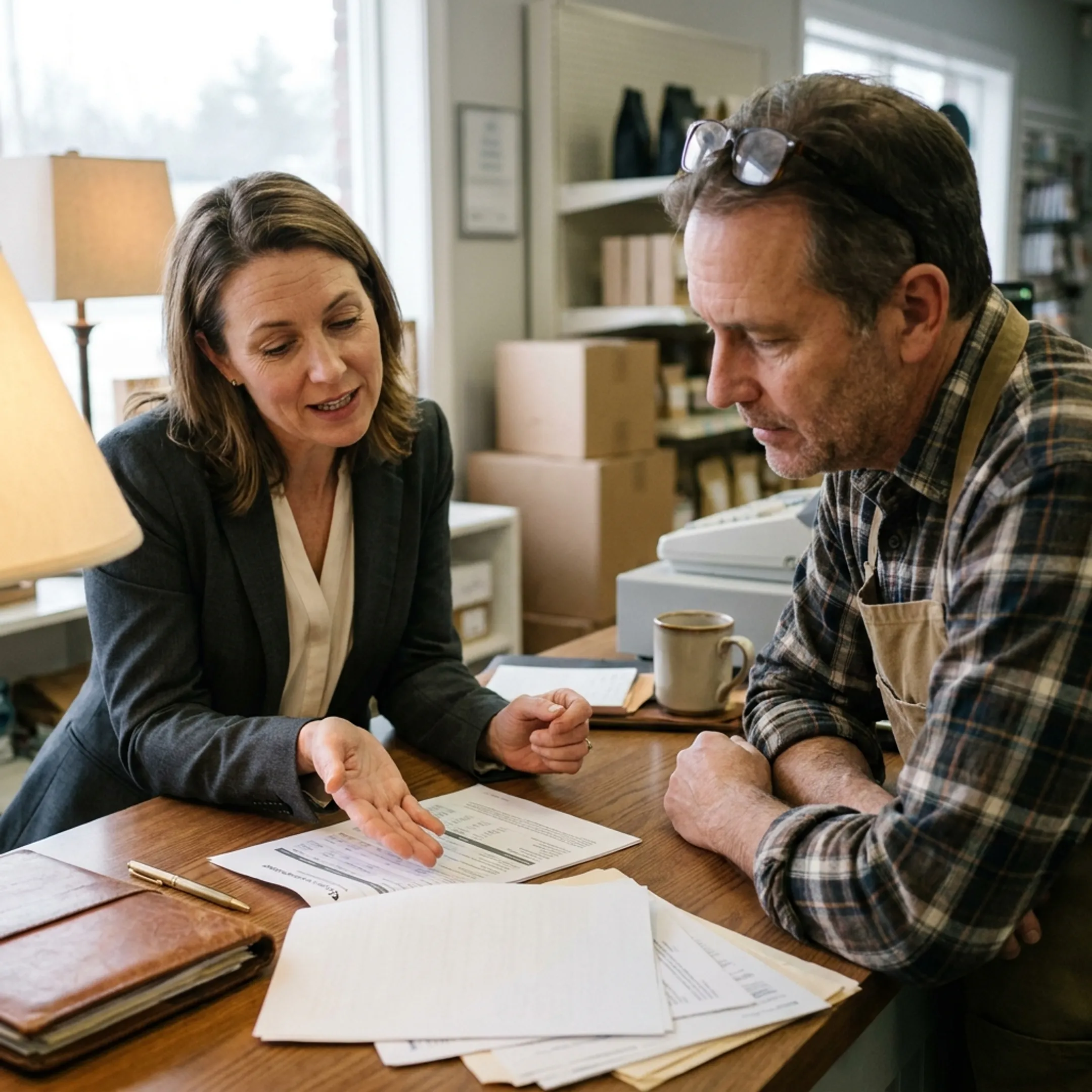 Advisor explaining retail insurance coverage to a business owner