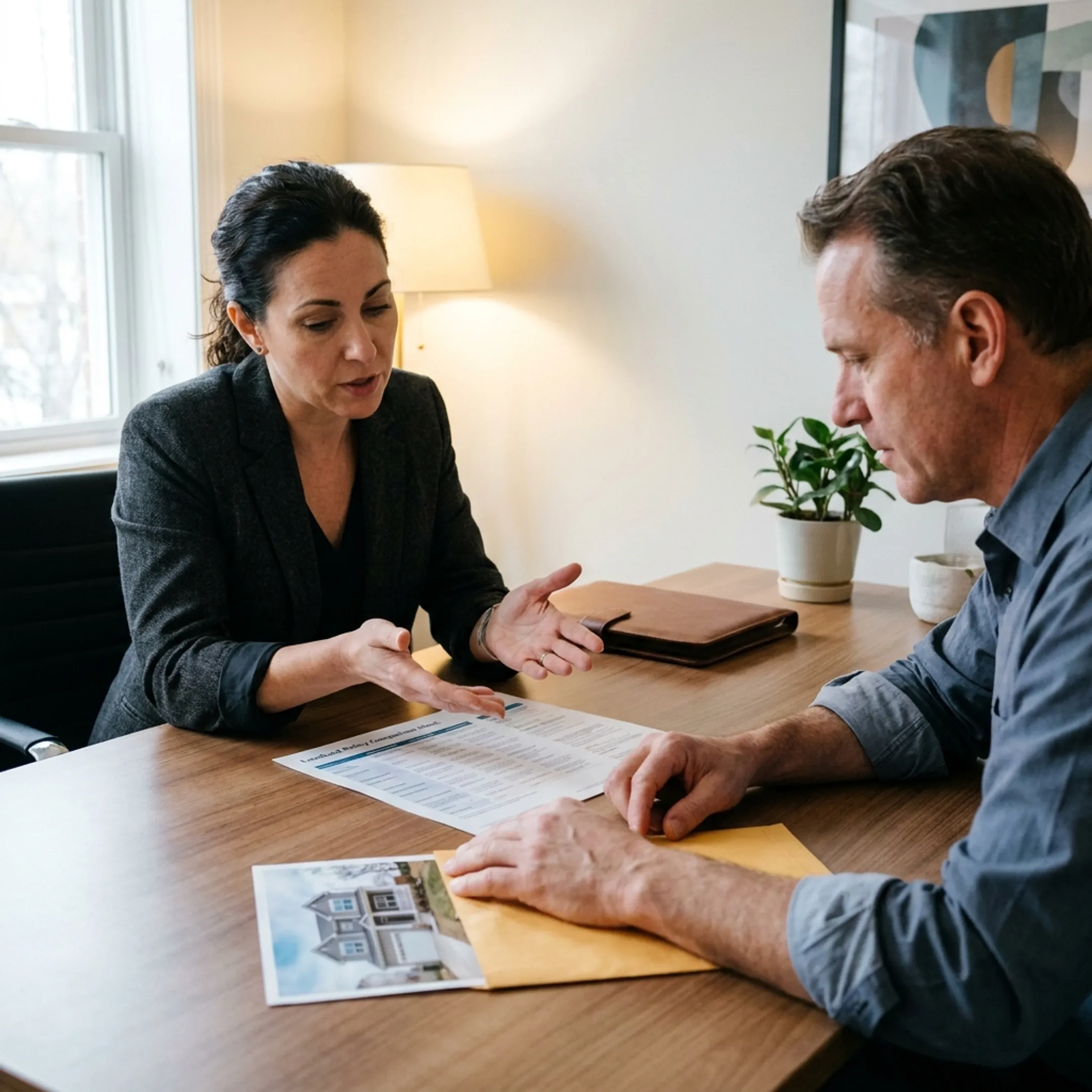 Advisor explaining rental property insurance options to a landlord