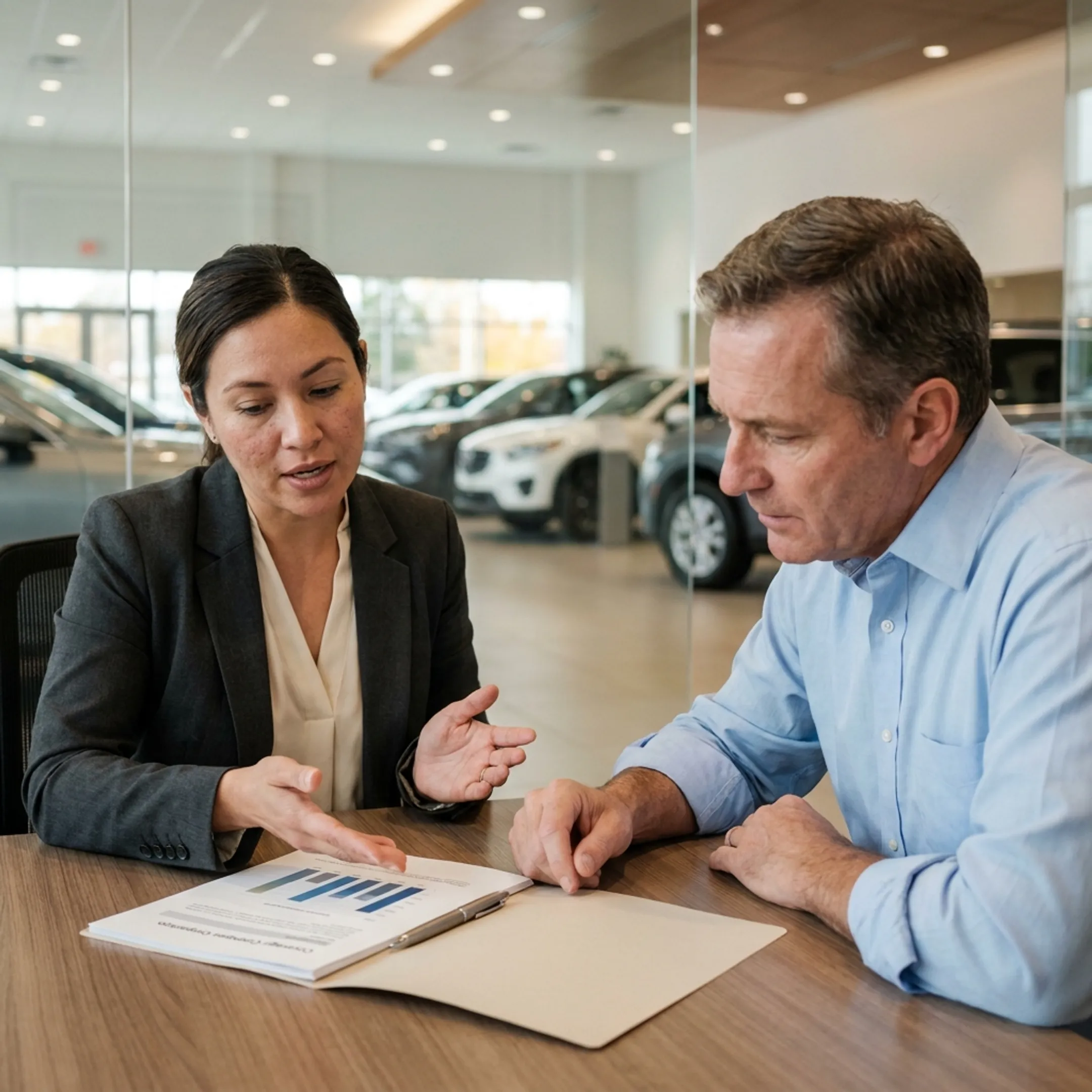 Insurance advisor explaining commercial dealership coverage options