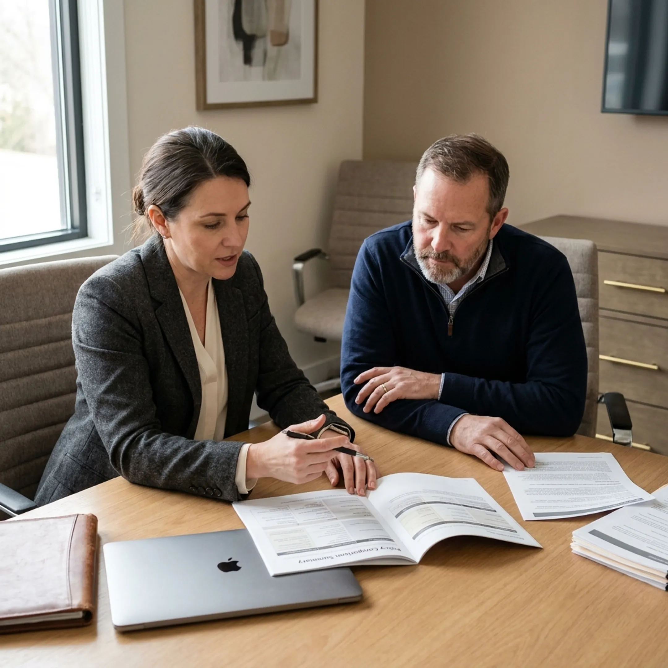 Advisor explaining professional liability insurance options to an engineer