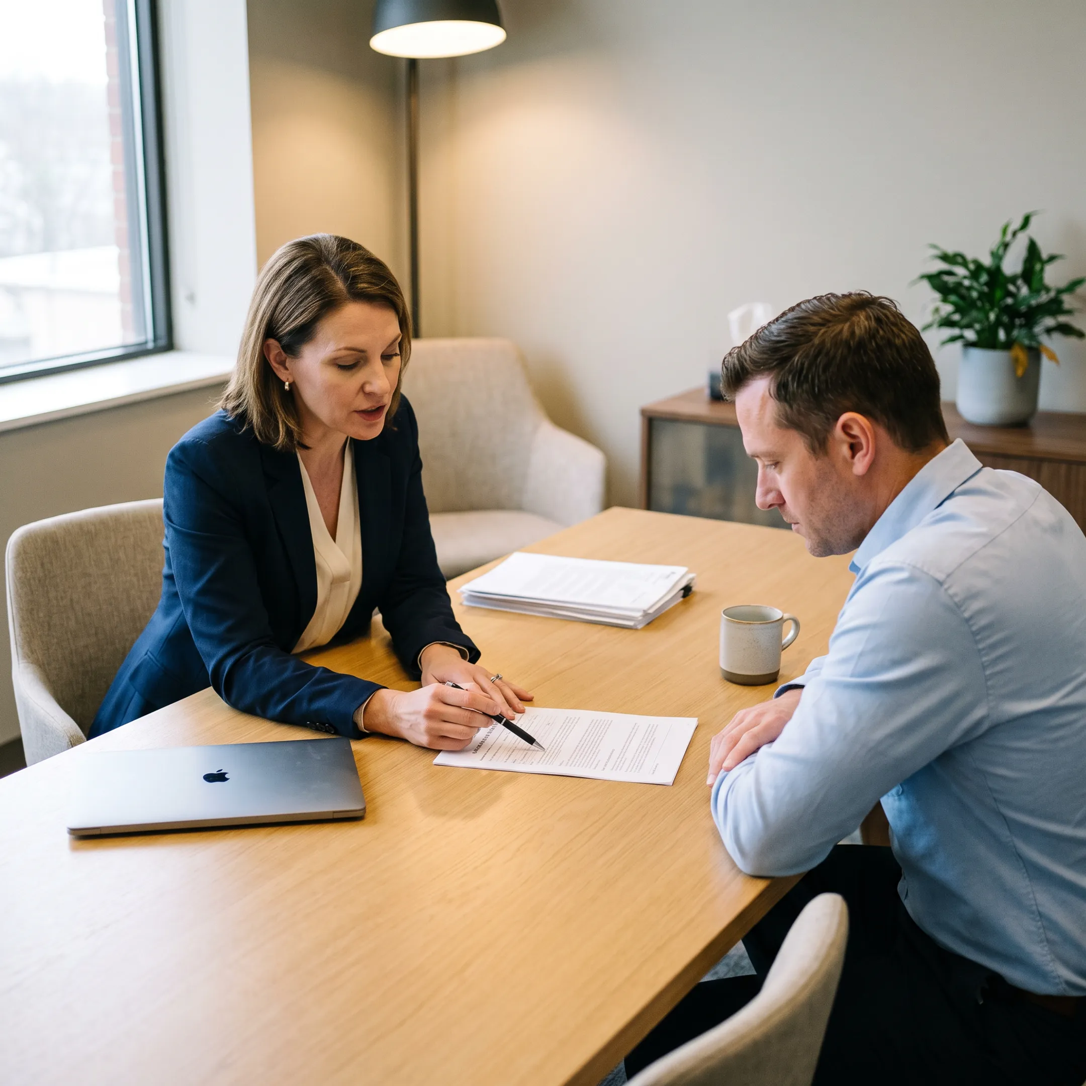 Insurance professional discussing liability coverage with an engineering business owner