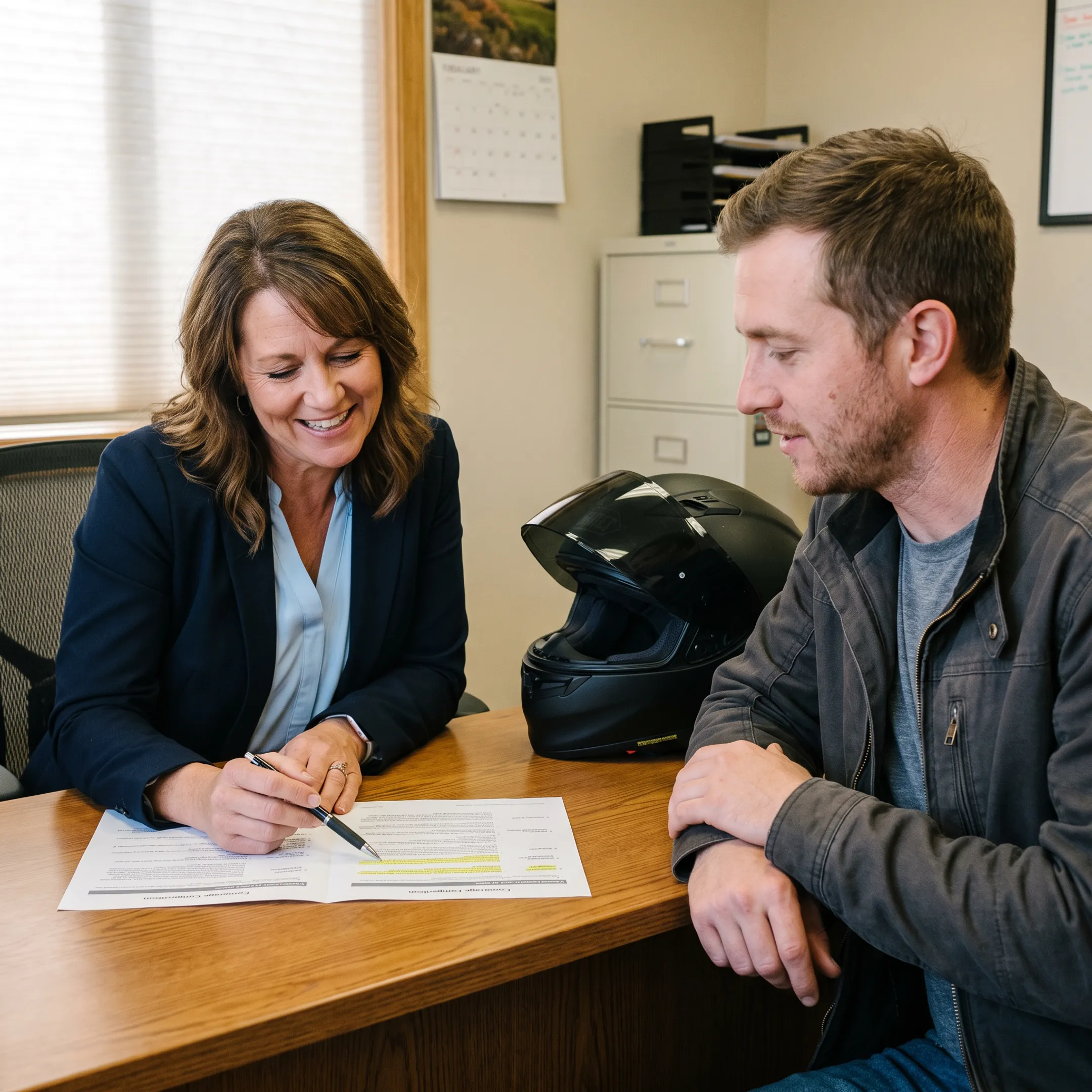 Insurance professional discussing motorcycle coverage with a rider