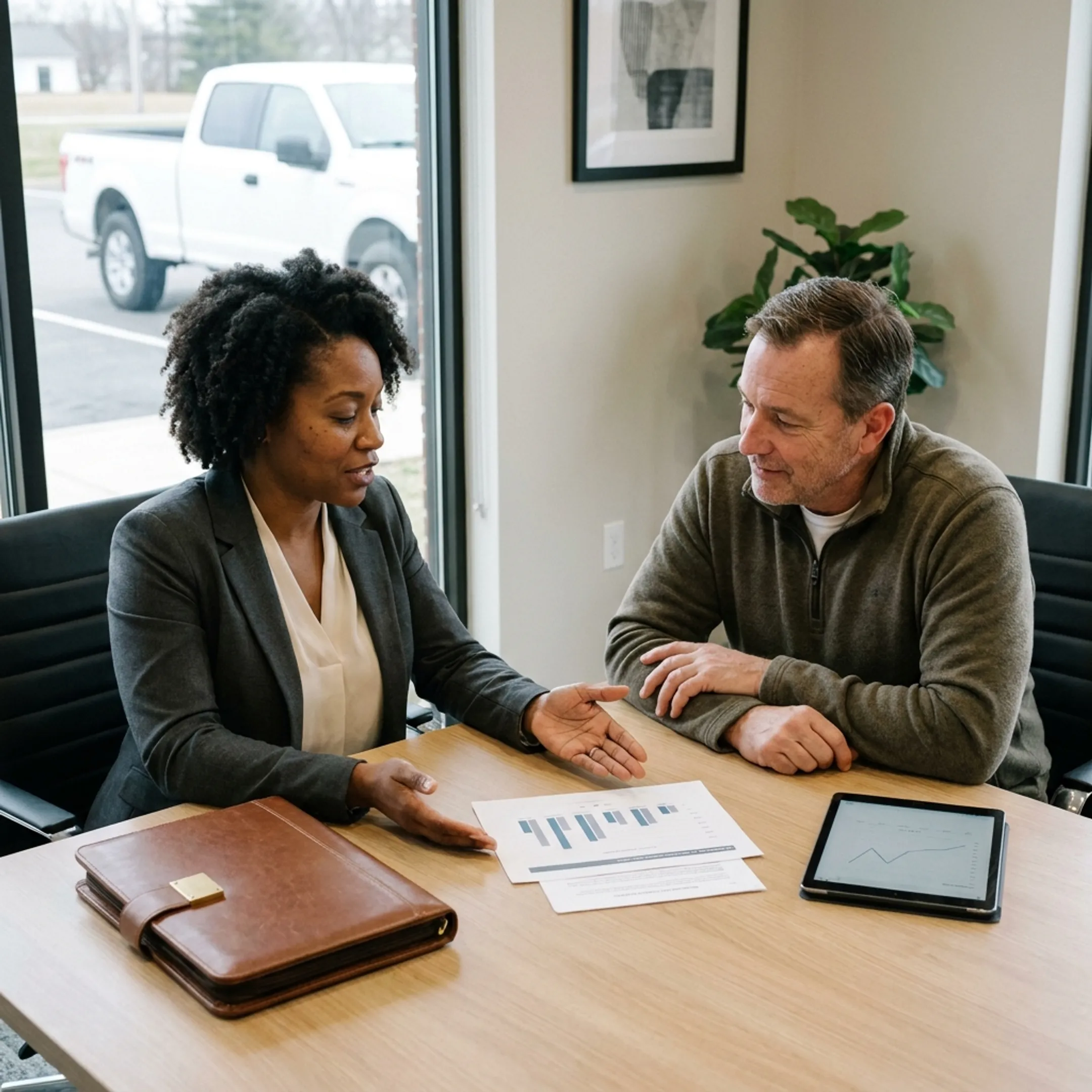 Advisor explaining commercial auto insurance options to a business owner