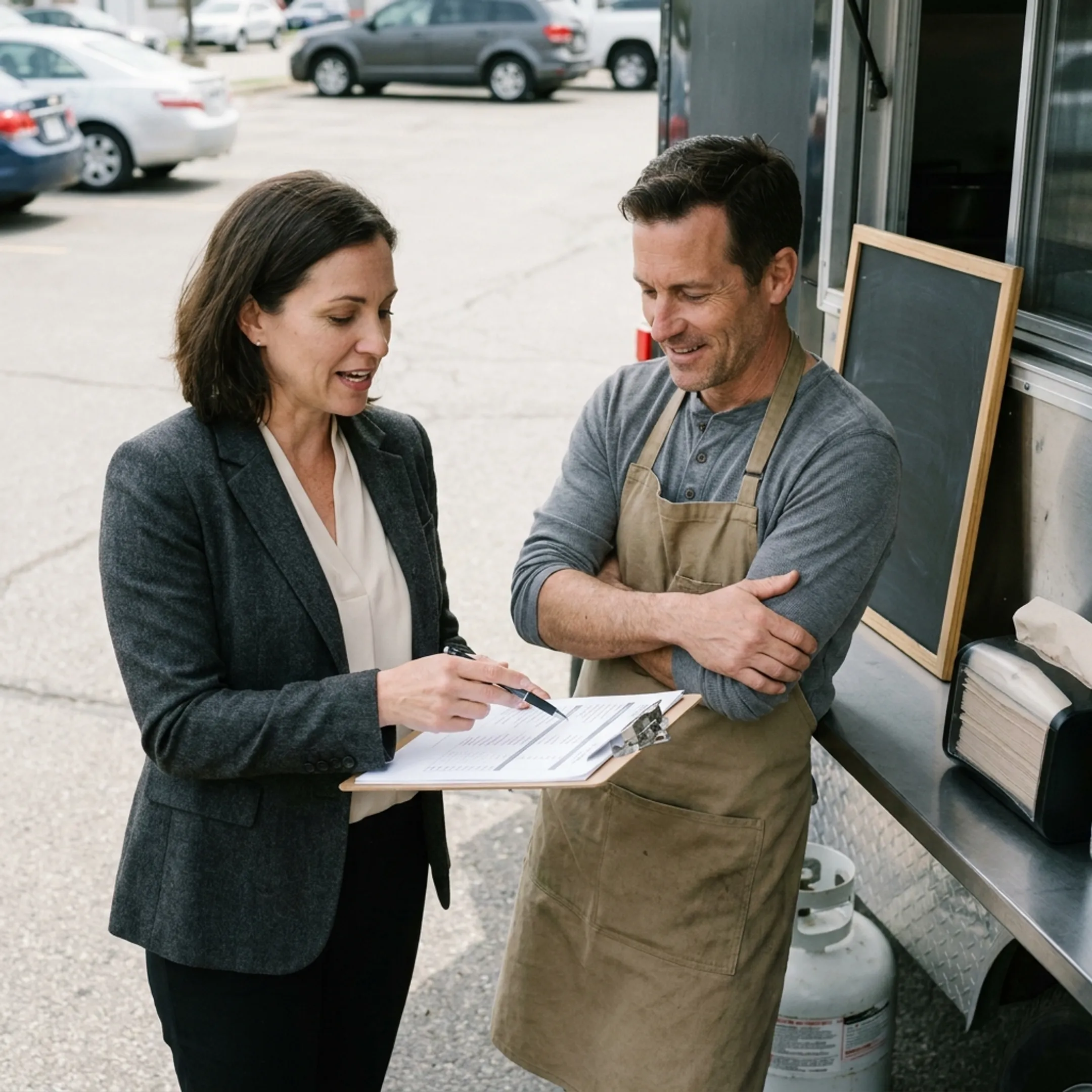 Advisor explaining food truck insurance coverage to a business owner