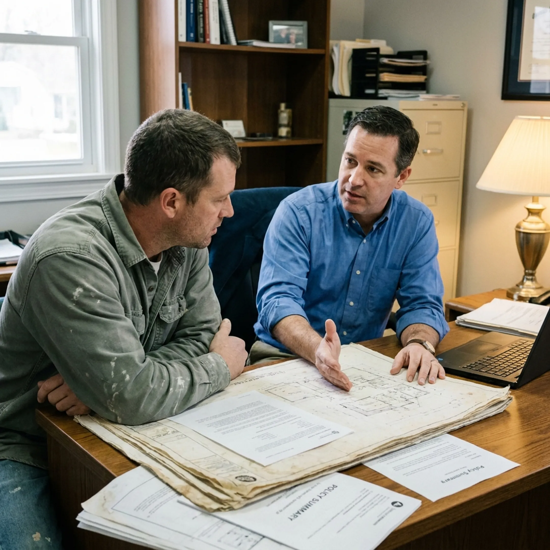 Insurance advisor explaining commercial coverage to a concrete contractor