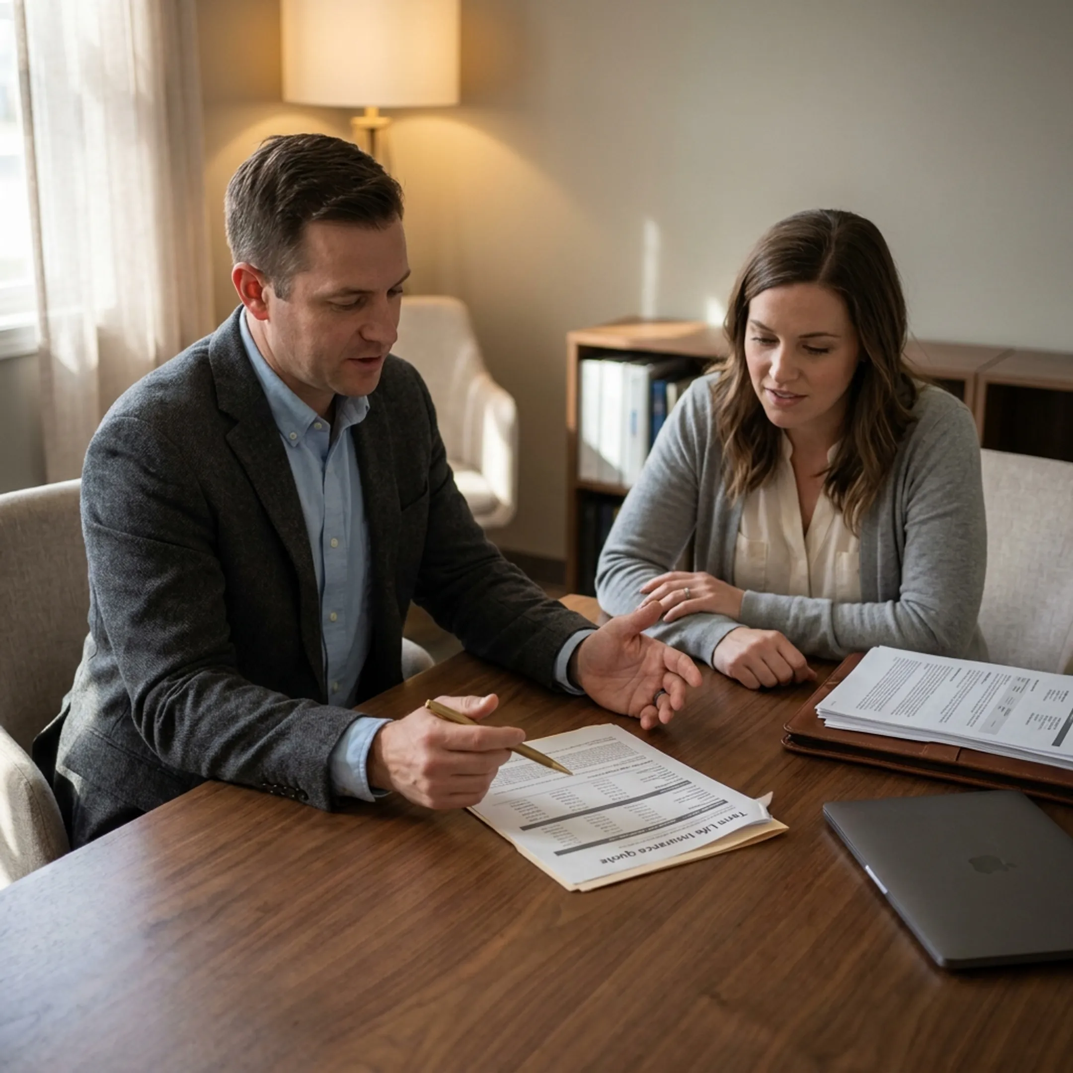 Advisor explaining term life insurance coverage options to a client